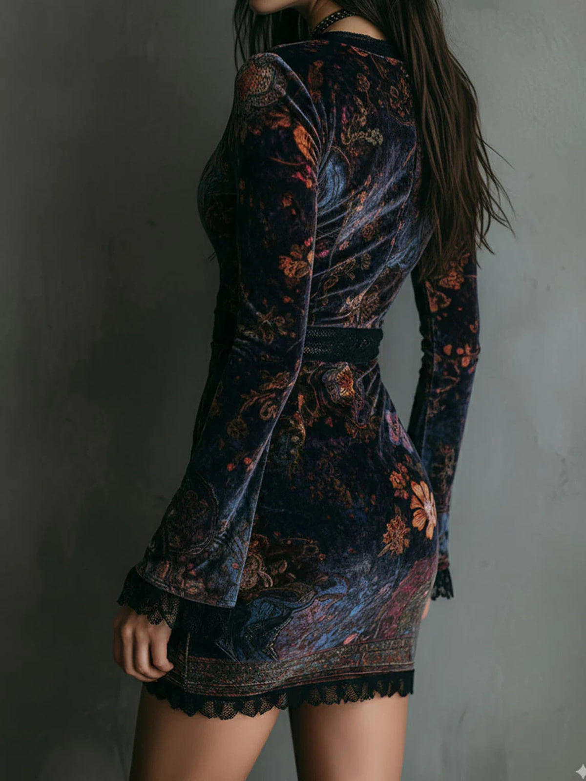 Lace Detail Floral Velvet Mini Dress - Draped in Grace