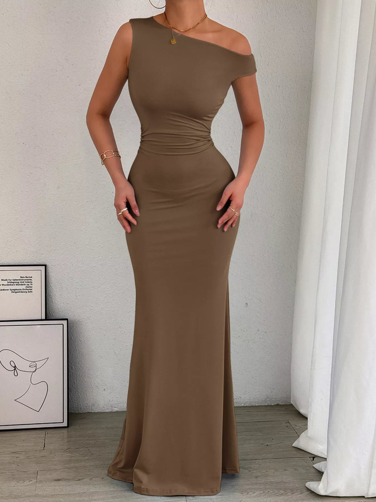 One-Shoulder Ruched Bodycon Maxi Dress - Draped in Grace