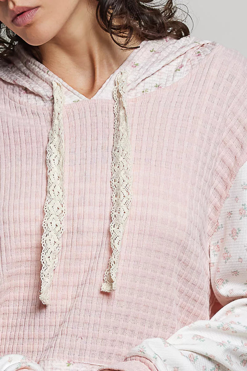 POL Mixed Knit Contrast Print Sleeve Hoodie with Kangaroo Pocket - Draped in Grace