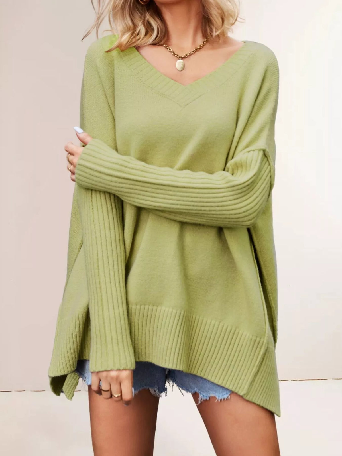 V-Neck Ribbed Sleeve Sweater - Draped in Grace
