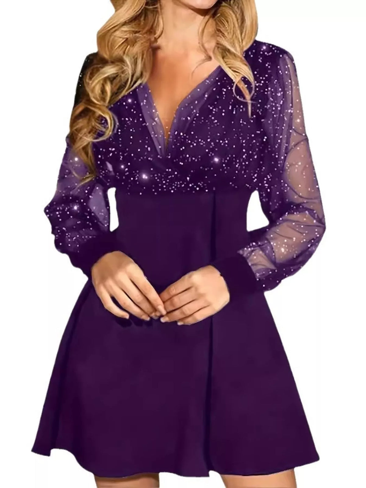 Glitter Mesh Long Sleeve Mini Dress - Draped in Grace