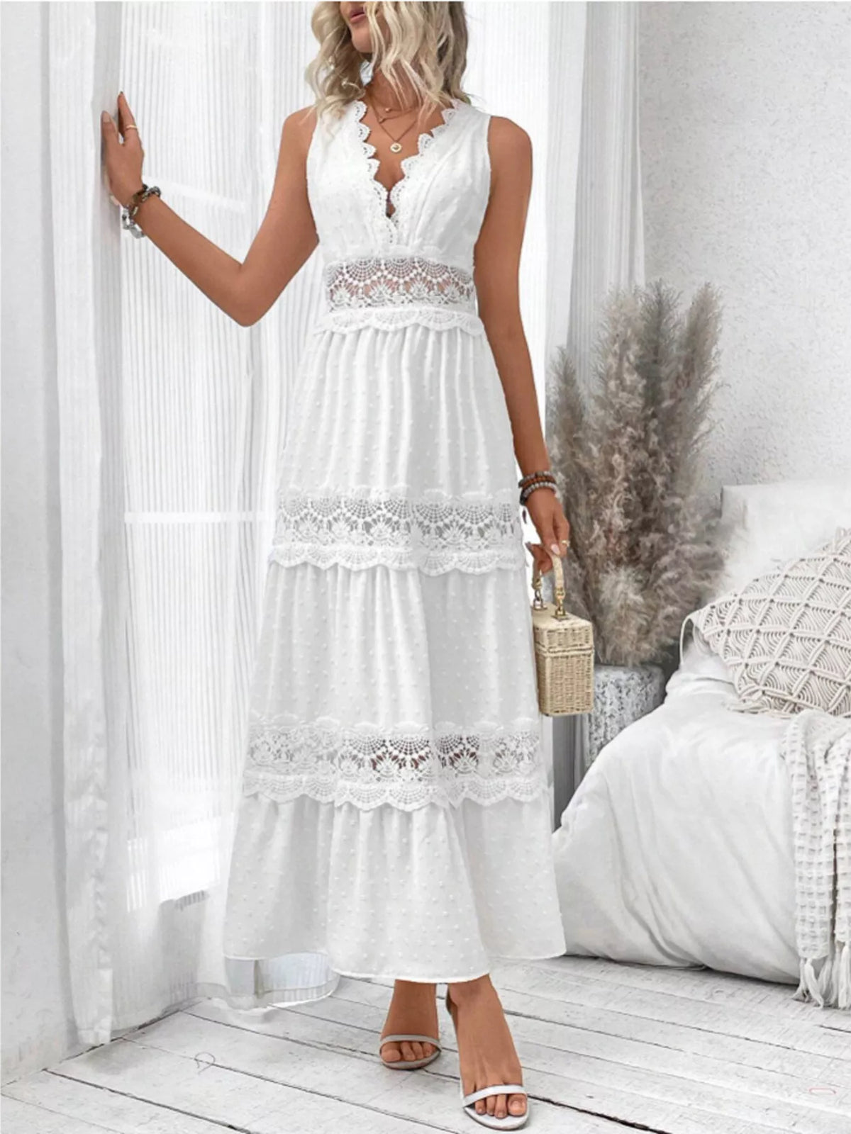 Full Size Lace Detail Tie Back Sleeveless Tiered Dress Plus Size - Draped in Grace