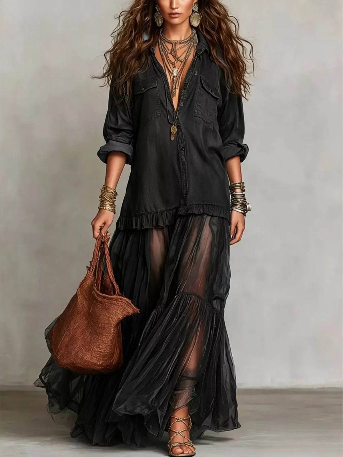 Full Size Tiered Long Sleeve Denim Shirt Maxi Dress Plus Size - Draped in Grace