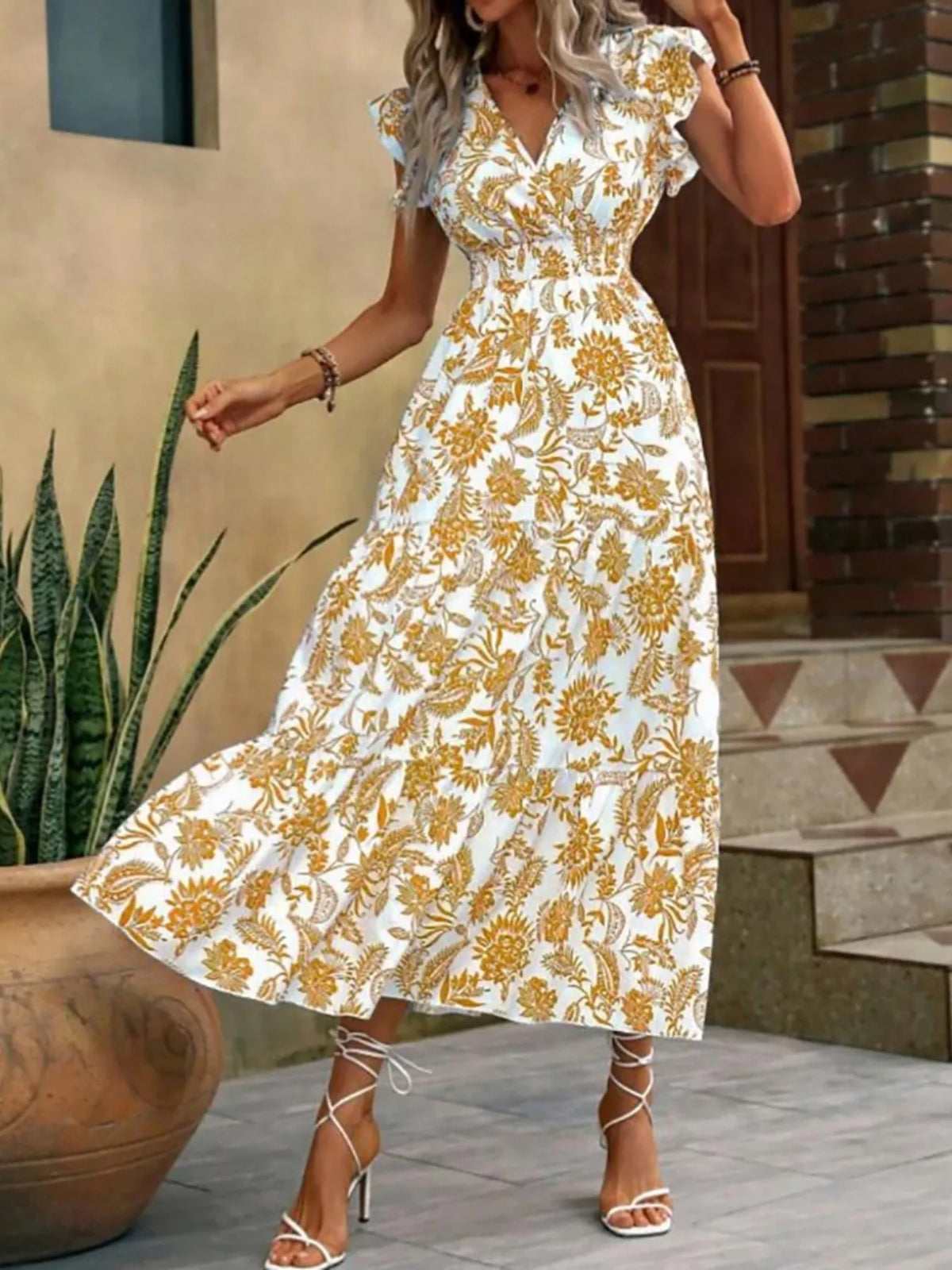 Floral Print Ruffle Sleeve Midi Dress - Draped in Grace
