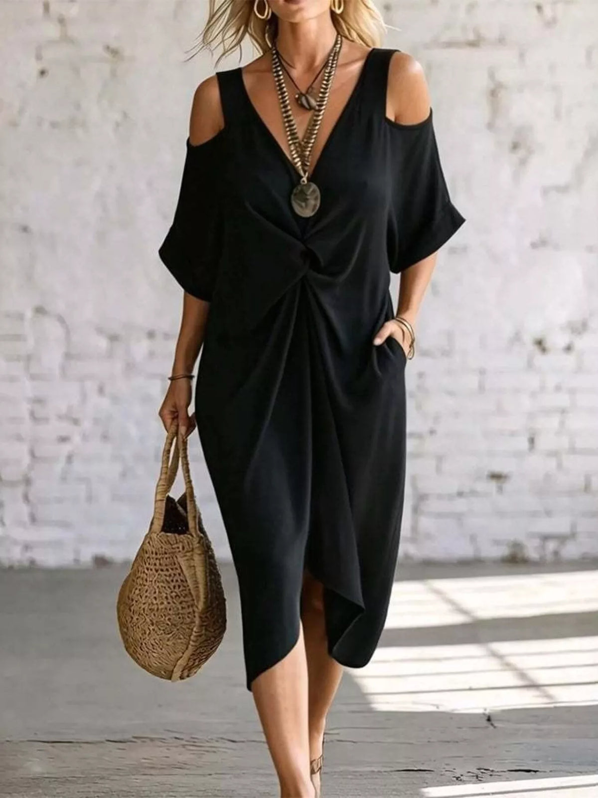 Full Size Cold Shoulder Twist Front Midi Dress Plus Size - Draped in Grace