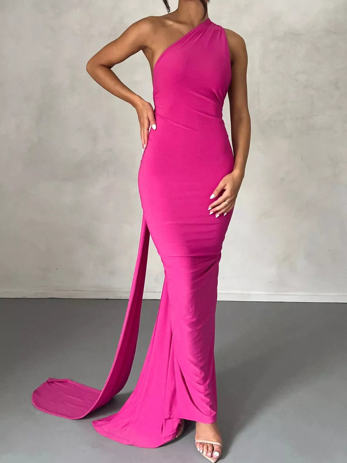 Backless One-Shoulder Ruched Bodycon Maxi Dress - Draped in Grace