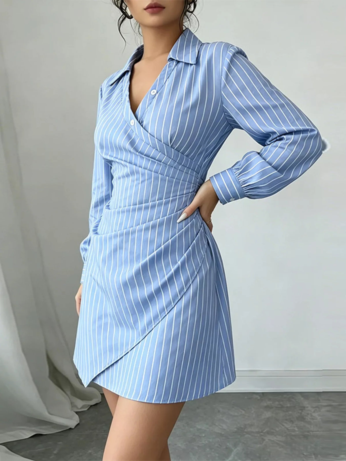 Full Size Striped Long Sleeve Shirt Dress Plus Size - Draped in Grace