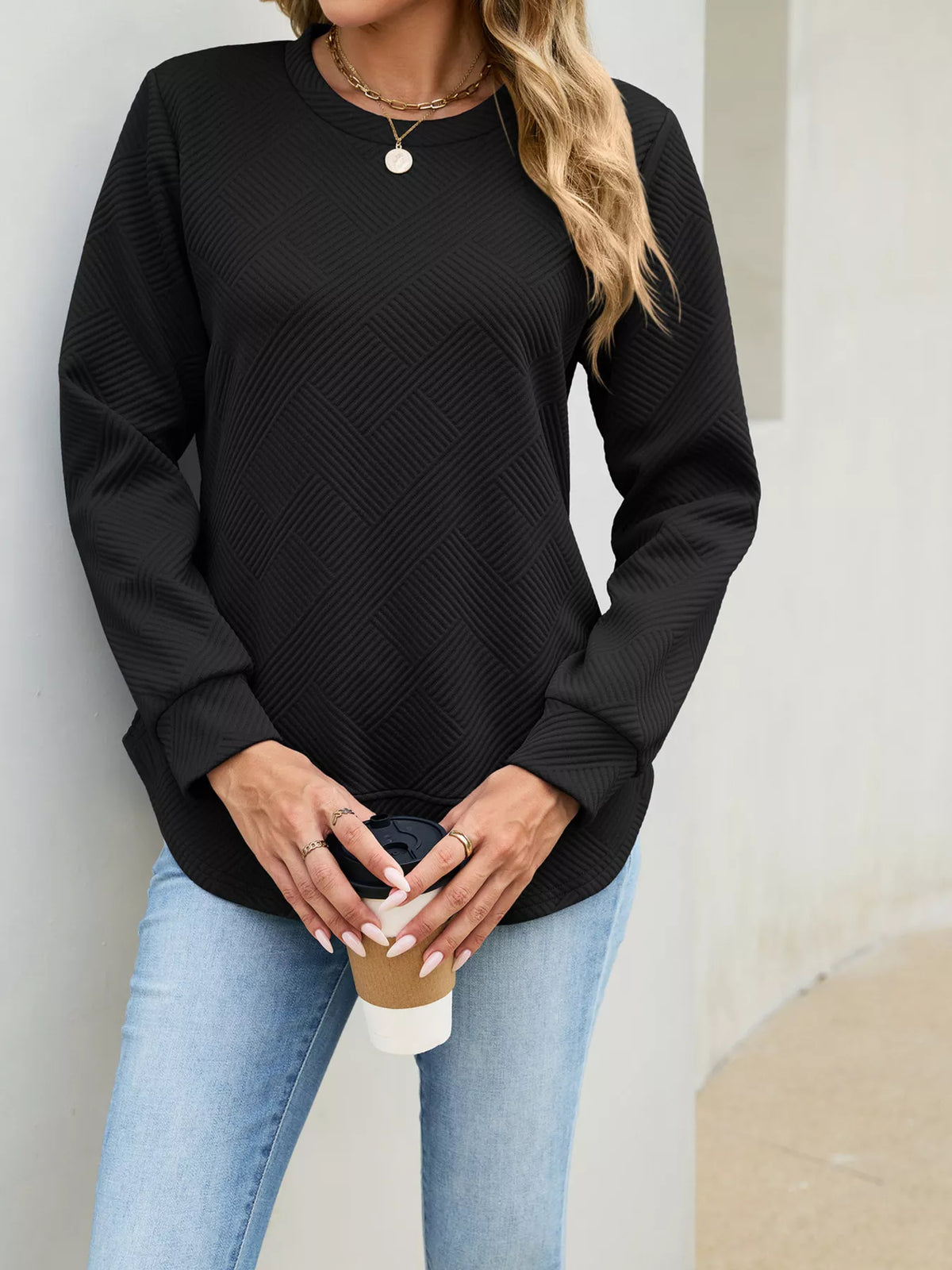 Textured Crew Neck Sweatshirt - Draped in Grace