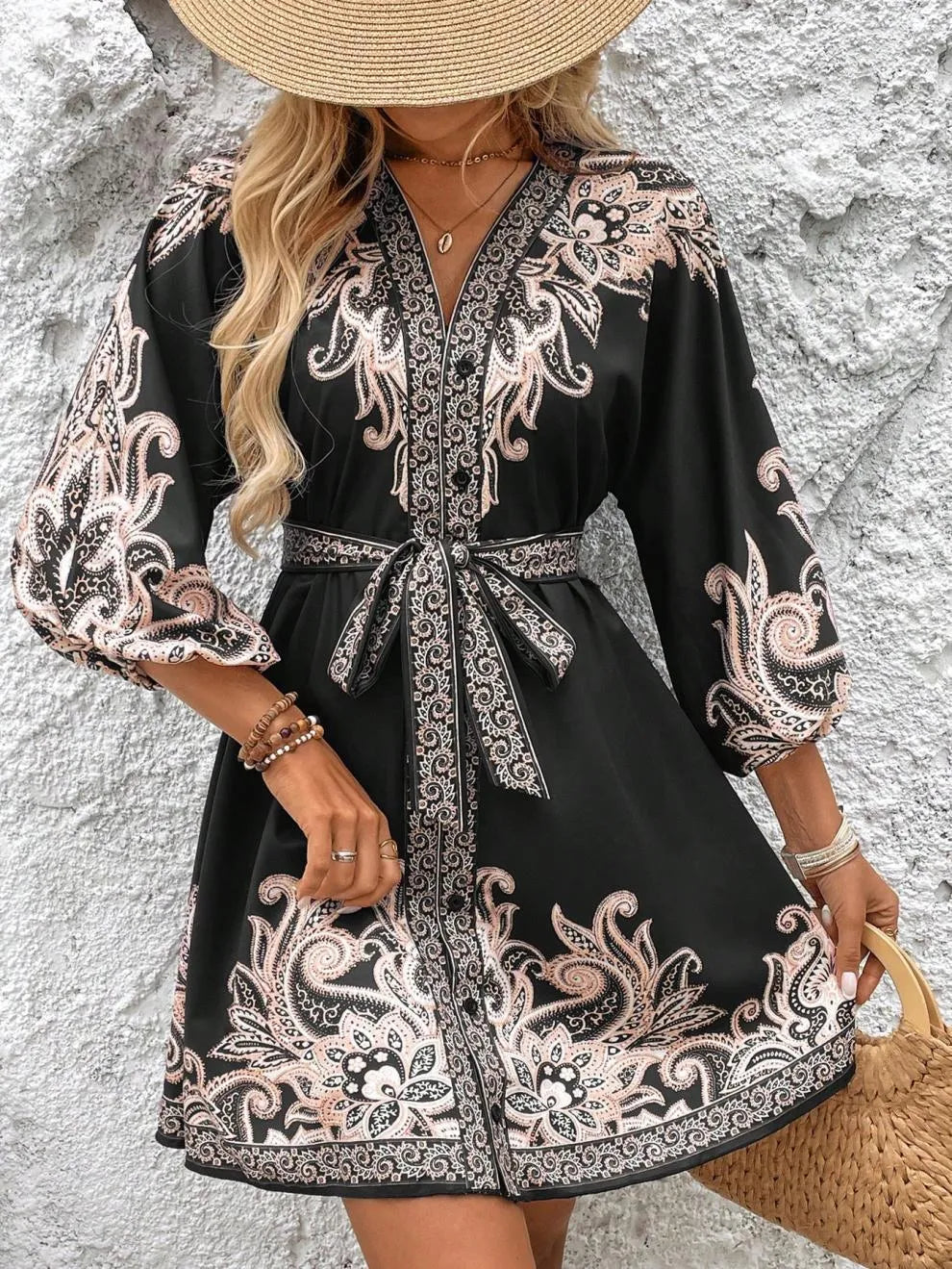 Paisley V-Neck 3/4 Sleeve Mini Dress - Draped in Grace