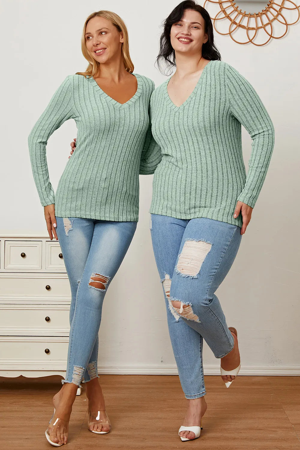 Basic Bae Full Size Ribbed V-Neck Long Sleeve T-Shirt - Draped in Grace