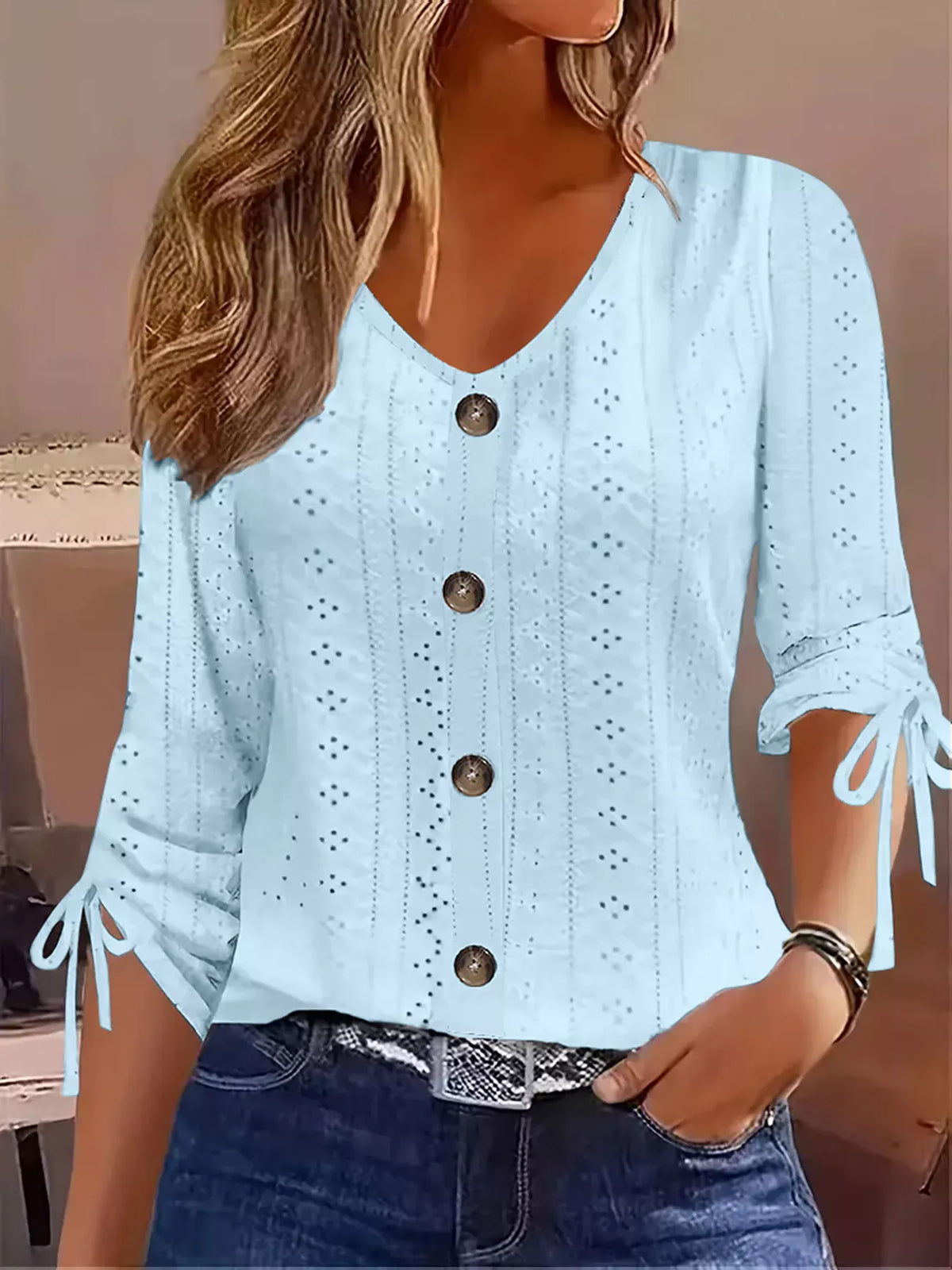 Eyelet Tie-Sleeve Detail Top - Draped in Grace