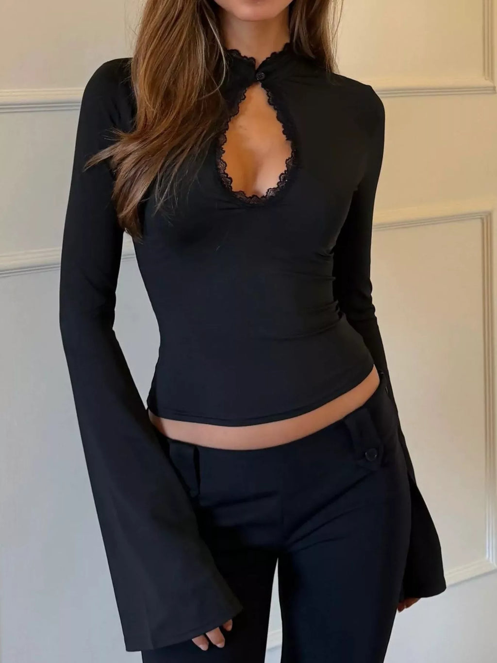 Lace-Trimmed Keyhole Long Sleeve T-Shirt - Draped in Grace