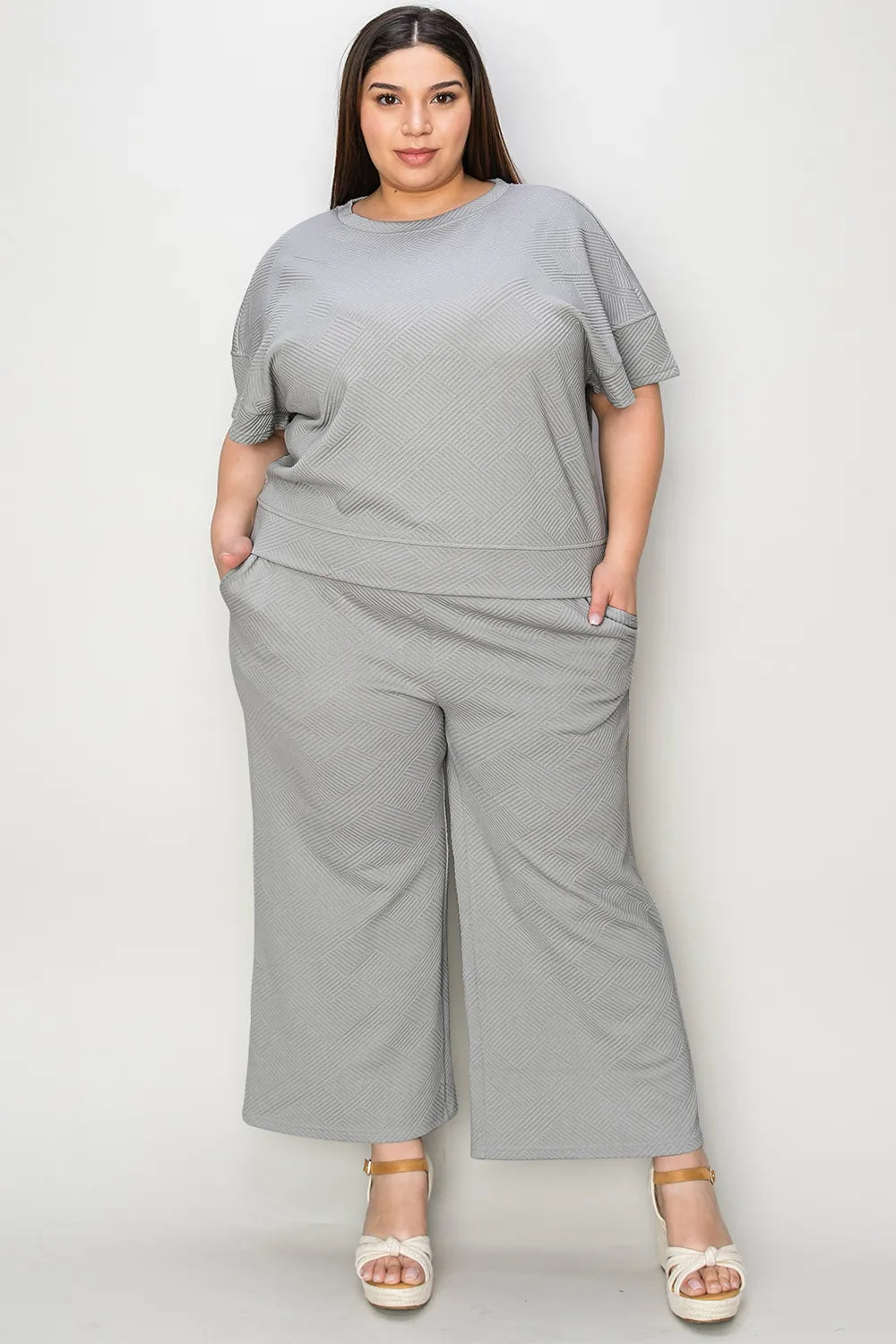 Double Take Full Size Texture Short Sleeve Top and Pants Set - Draped in Grace