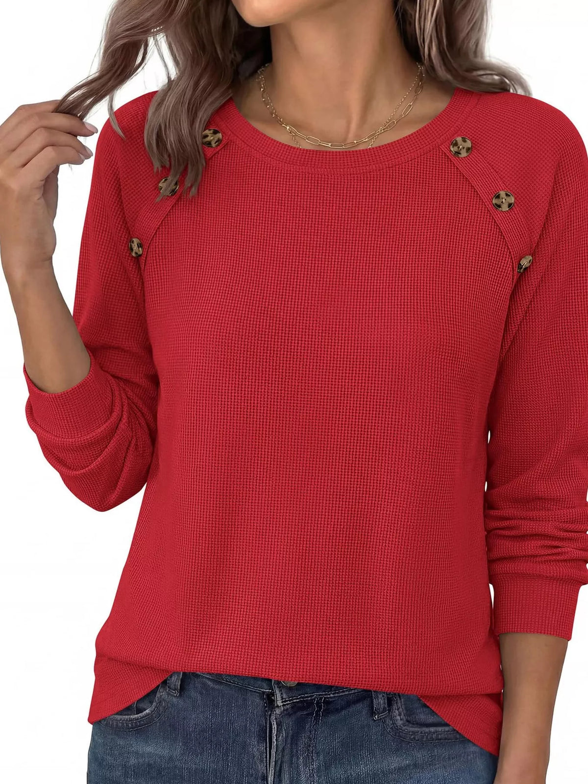 Decorative Button Waffle Knit Long Sleeve T-Shirt - Draped in Grace