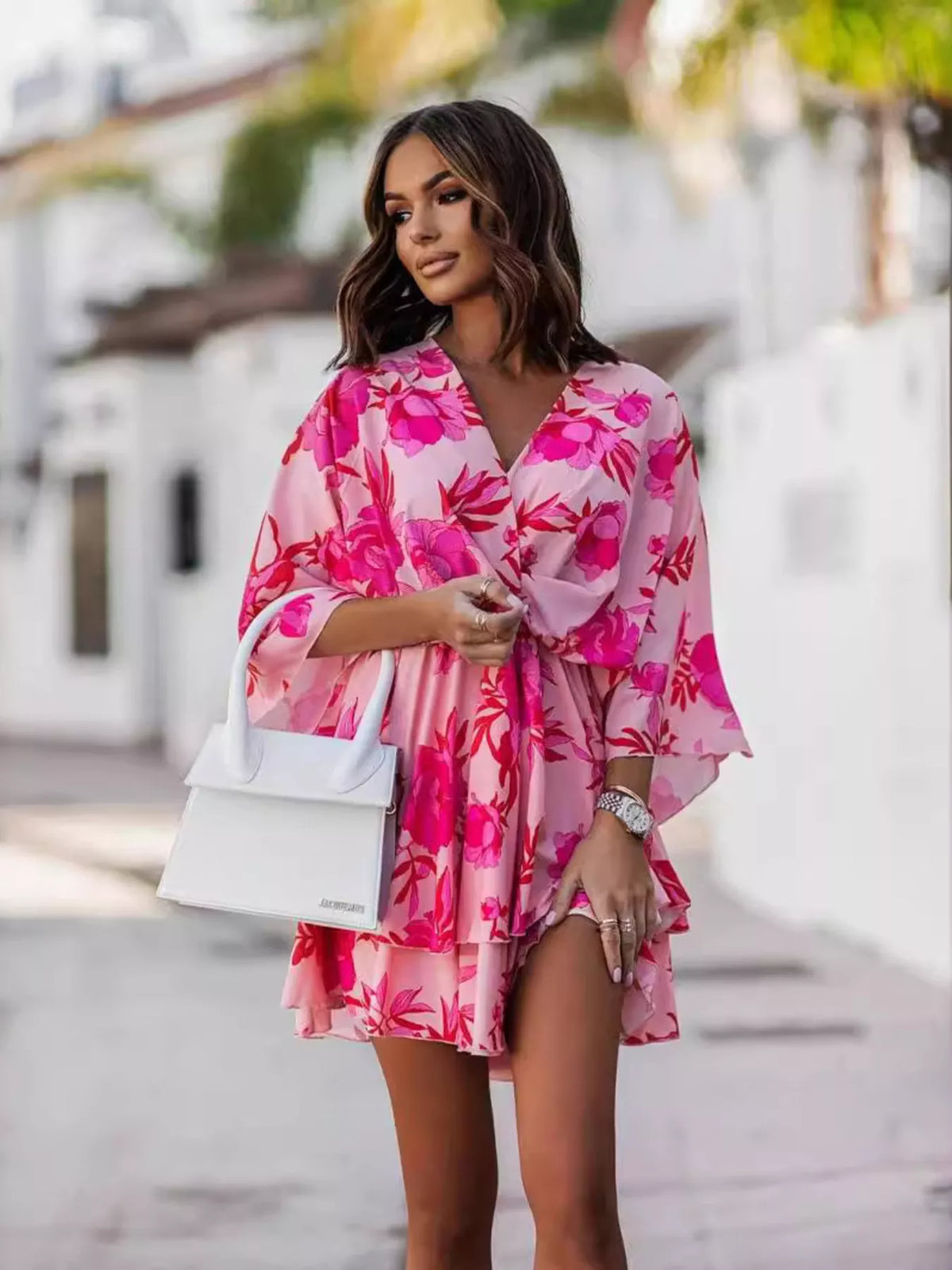 Layered Printed Surplice Mini Dress - Draped in Grace