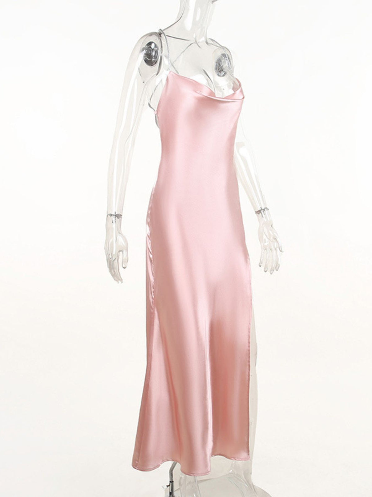 Slinky Satin Cowl Neck High Slit Dress with Back Lace Up - Draped in Grace