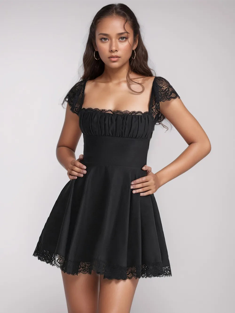 Lace Detail Square Neck Cap Sleeve Mini Dress - Draped in Grace