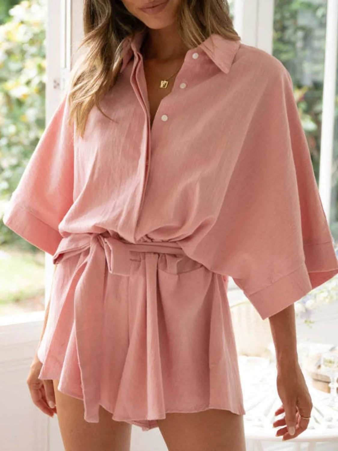 Collared Neck Half Sleeve Romper - Draped in Grace