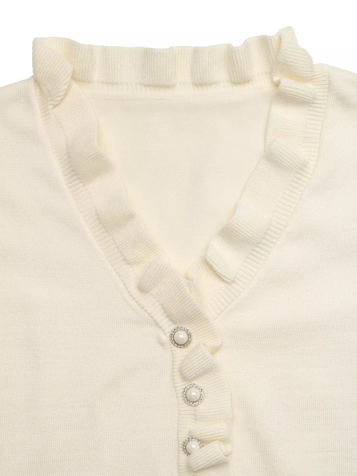 Ruffle Trim Pearl Button V-Neck Knit Top - Draped in Grace