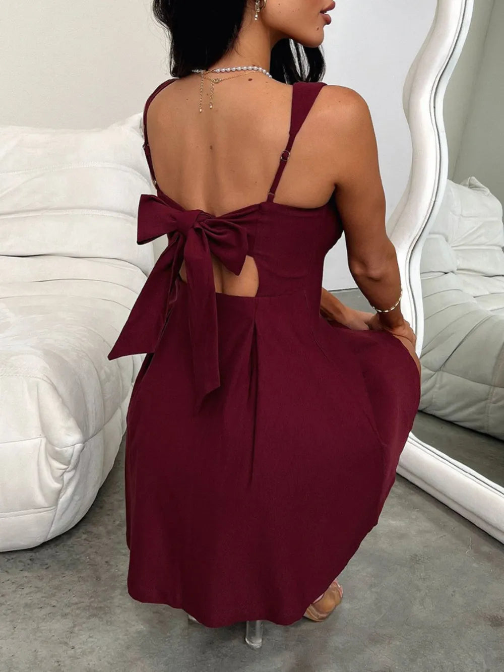 Devine Bow Back Square Neck Mini Dress - Draped in Grace