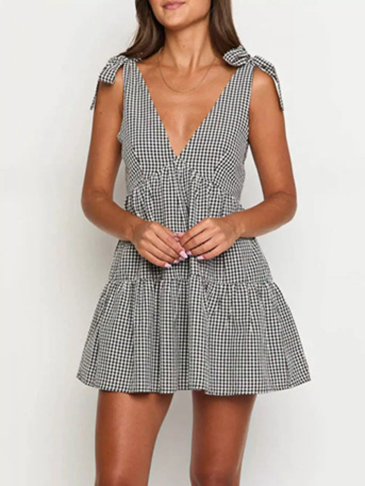 Gingham Tie-Shoulder Mini Dress - Draped in Grace