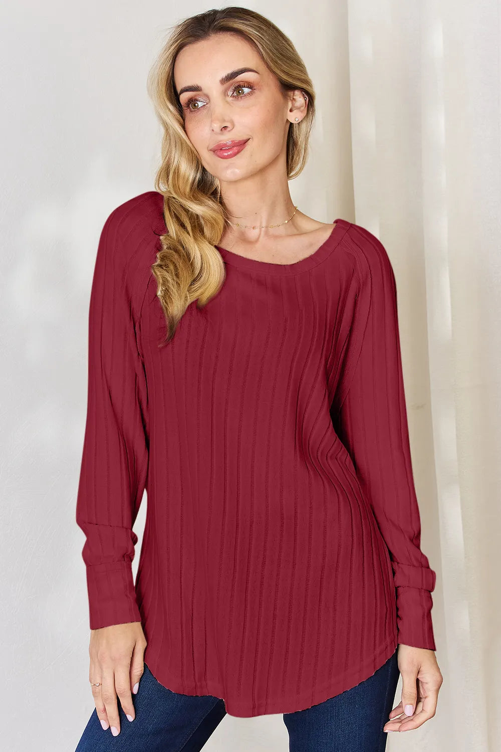 Basic Bae Full Size Ribbed Round Neck Slit T-Shirt - Draped in Grace