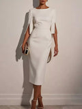 Slim-Fit Elegant Midi Dress with Beaded Slit Sleeve - Draped in Grace