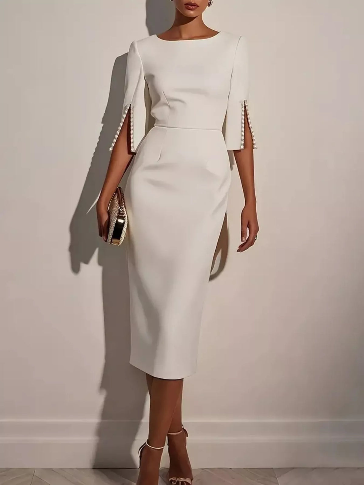 Slim-Fit Elegant Midi Dress with Beaded Slit Sleeve - Draped in Grace