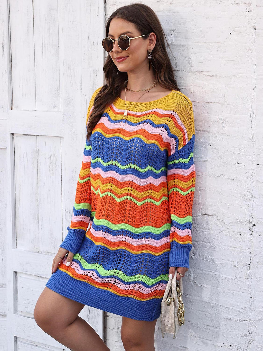 Openwork Round Neck Sweater Dress - Draped in Grace