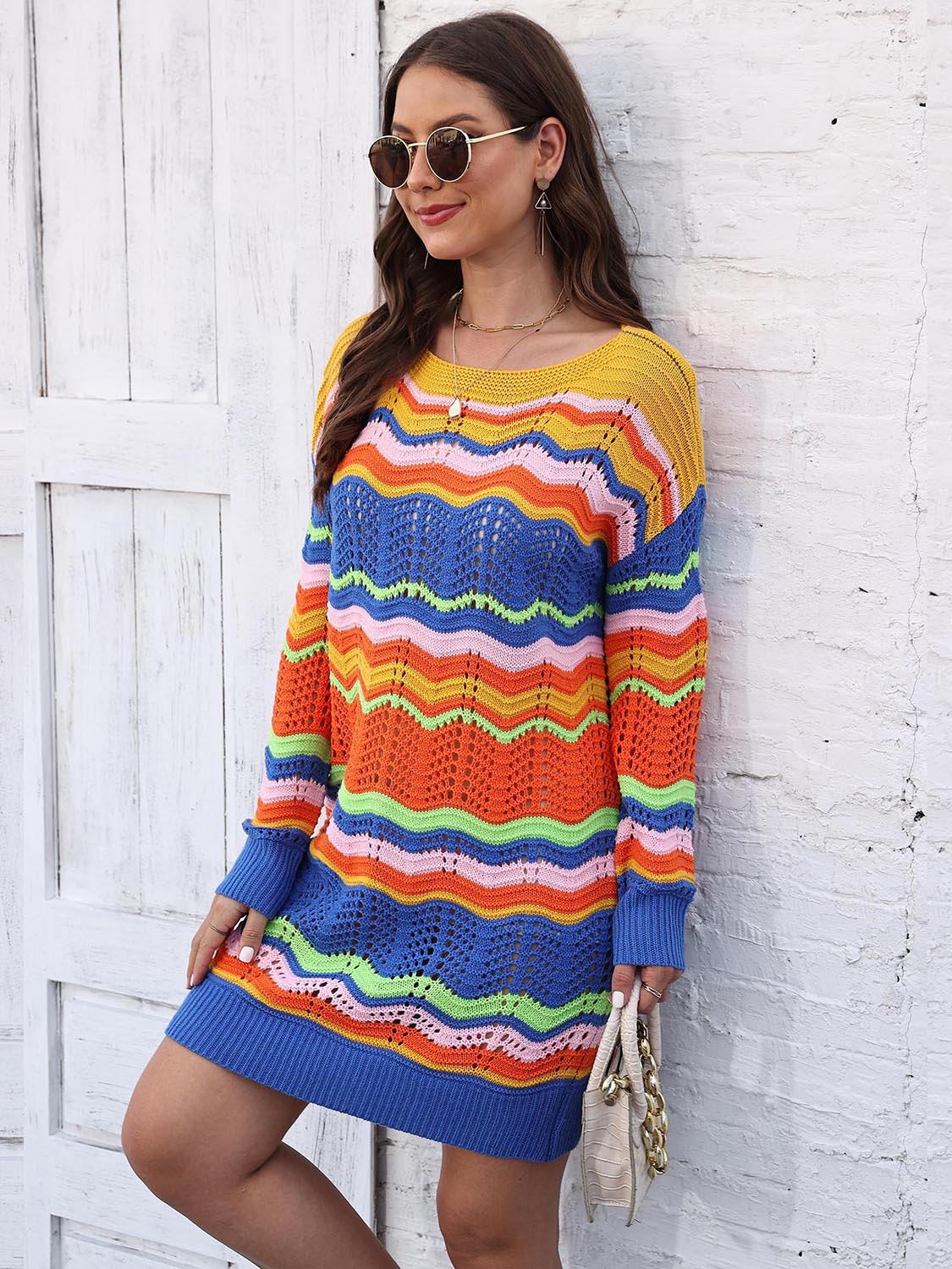 Openwork Round Neck Sweater Dress - Draped in Grace