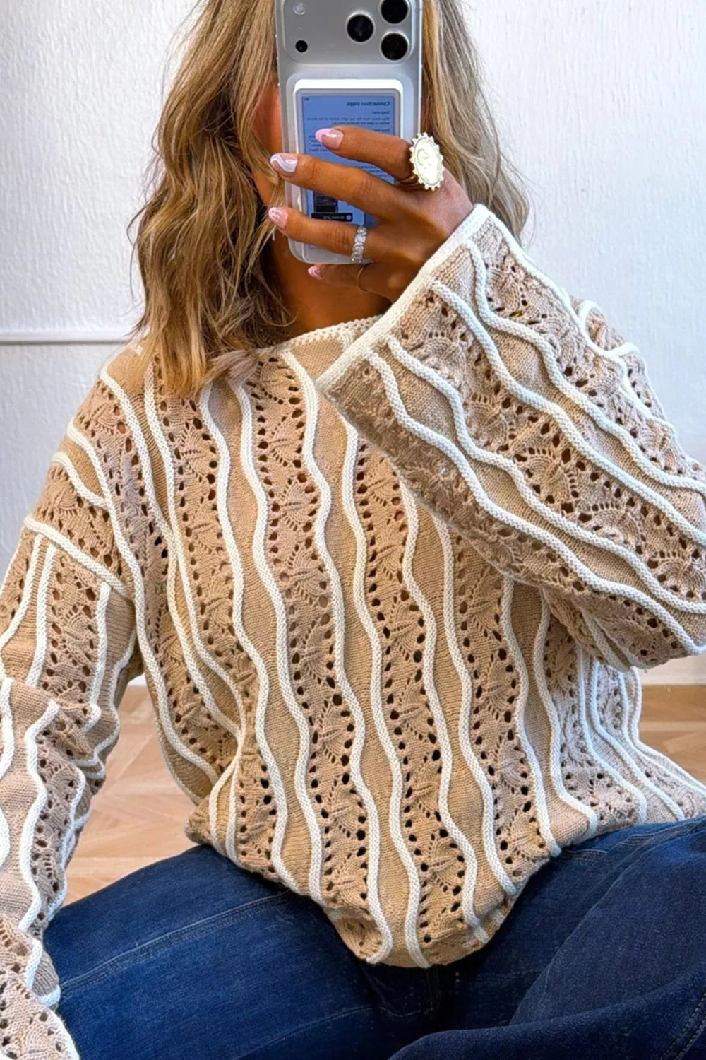 Contrast Wavy Striped Openwork Knit Top - Draped in Grace