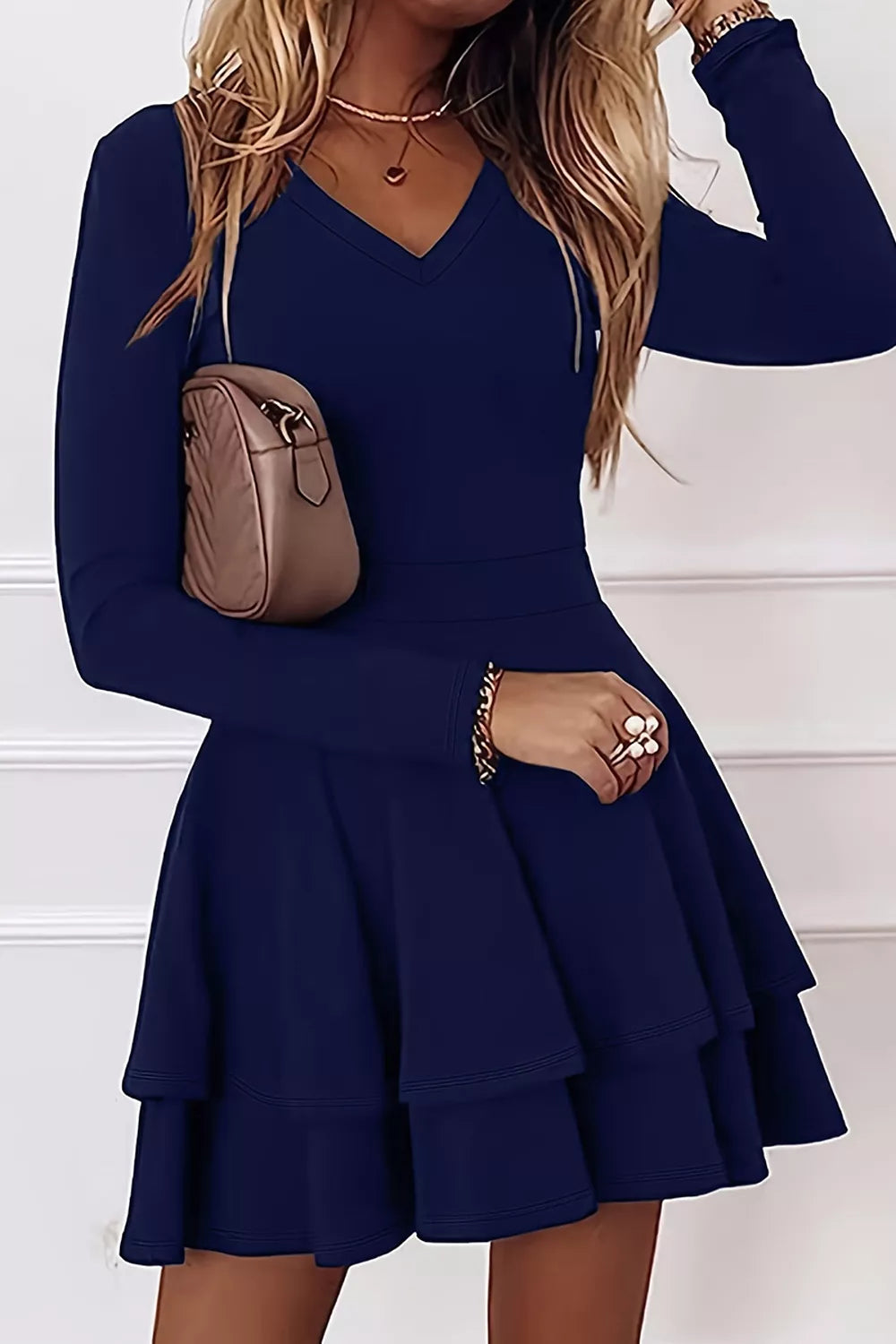Layered Long Sleeve V-Neck Mini Dress - Draped in Grace