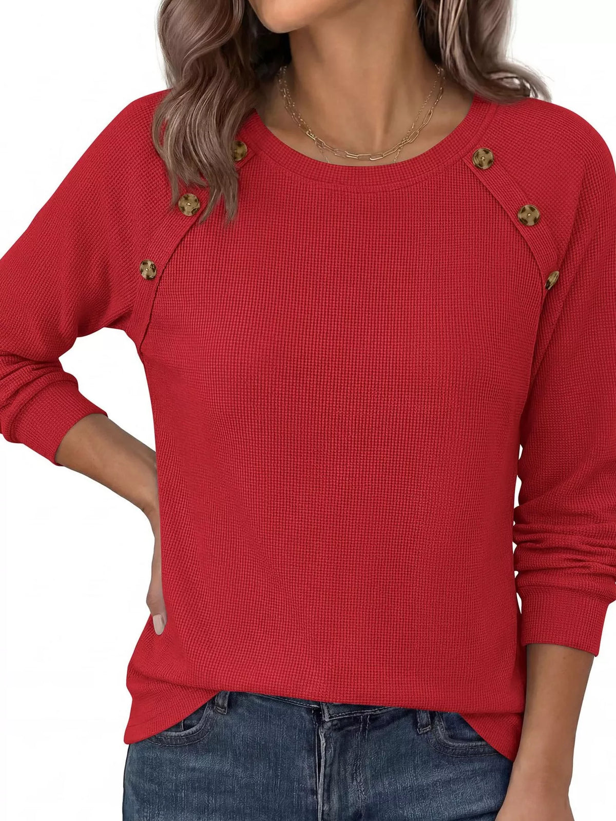 Decorative Button Waffle Knit Long Sleeve T-Shirt - Draped in Grace