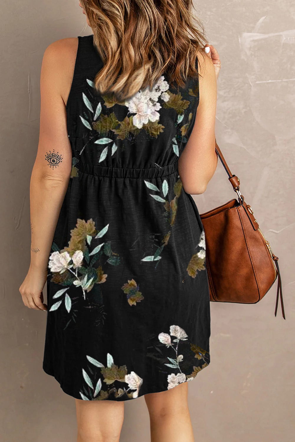 Double Take Printed Sleeveless Front Button Ruched Waist Side Slit Casual Magic Dress with Pockets - Draped in Grace