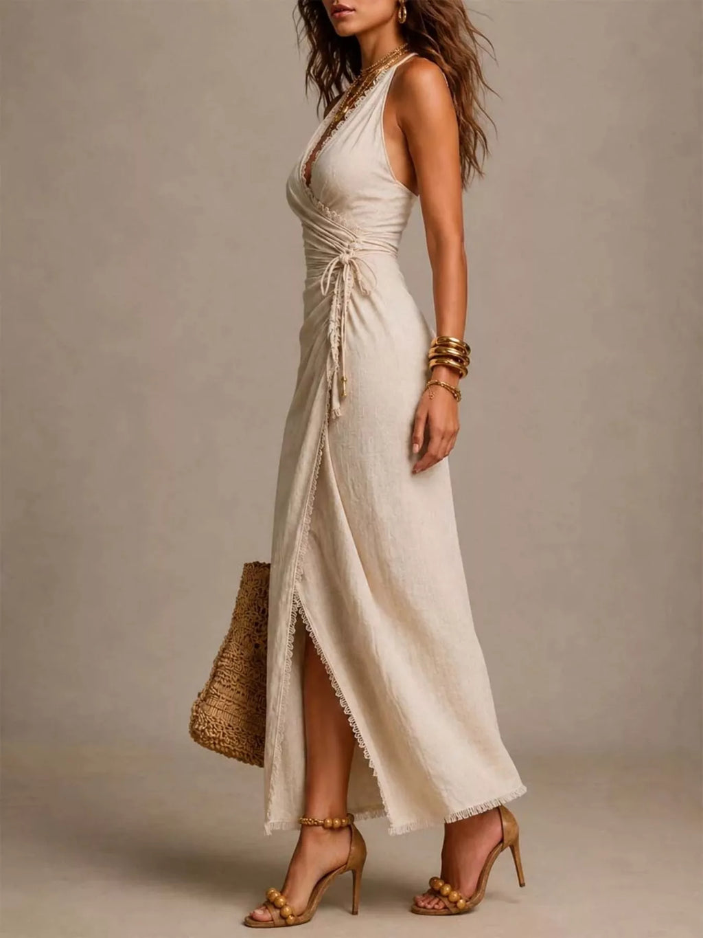 Lace-Trimmed Slit Wrap Midi Dress - Draped in Grace