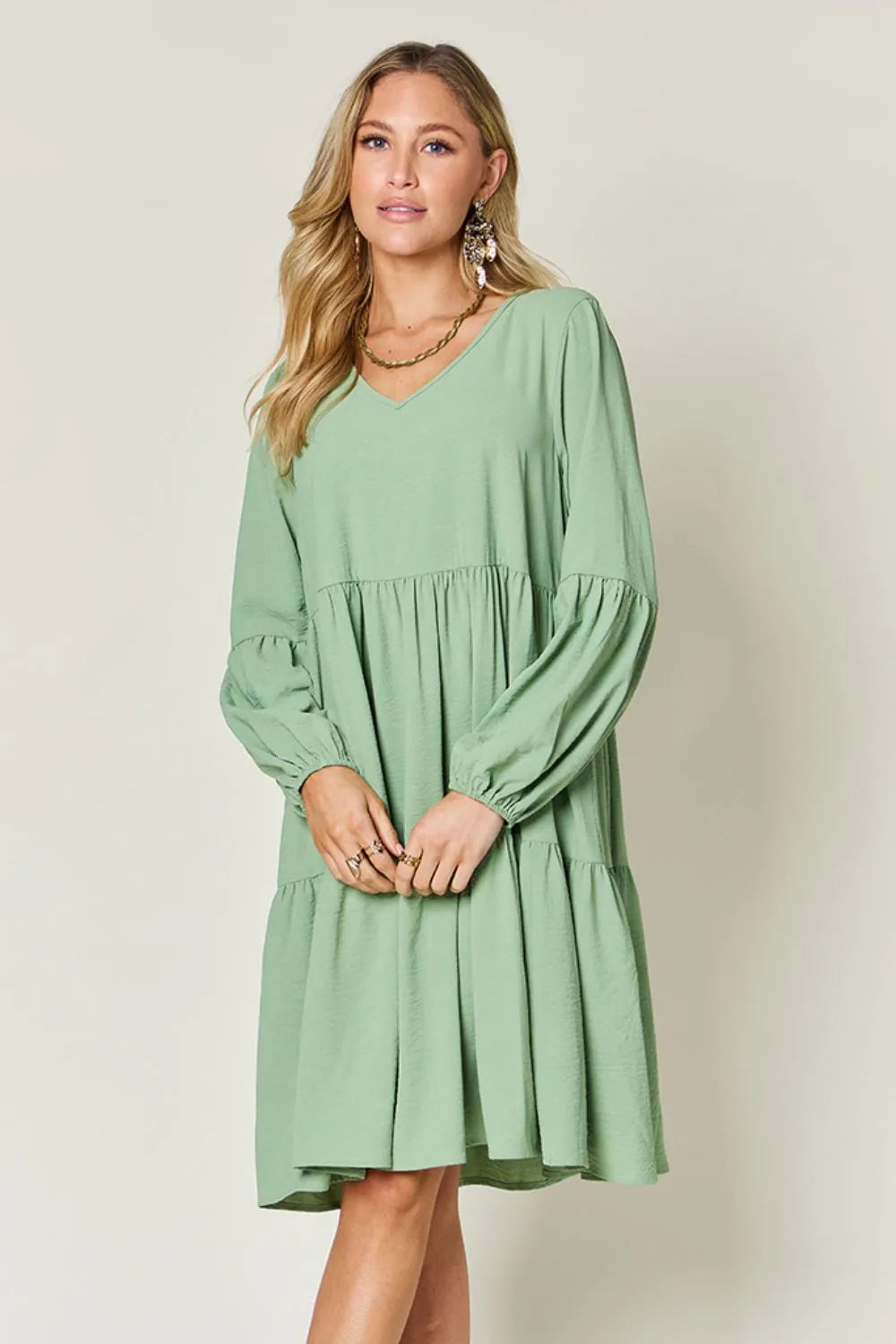 Double Take Full Size V-Neck Balloon Sleeve Tiered Dress with Pockets - Draped in Grace