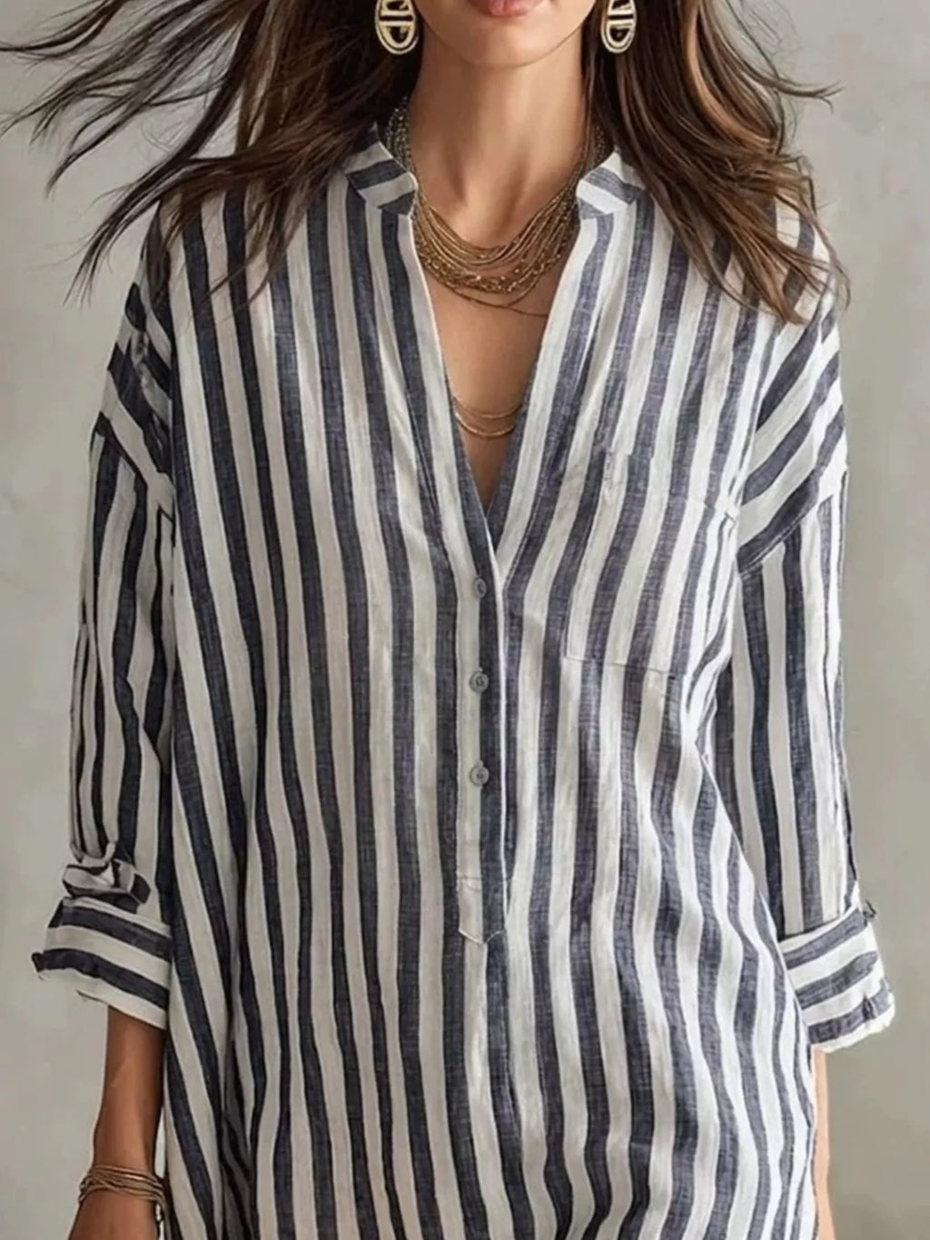 Full Size Striped 3/4 Sleeve Shirt Dress Plus Size - Draped in Grace