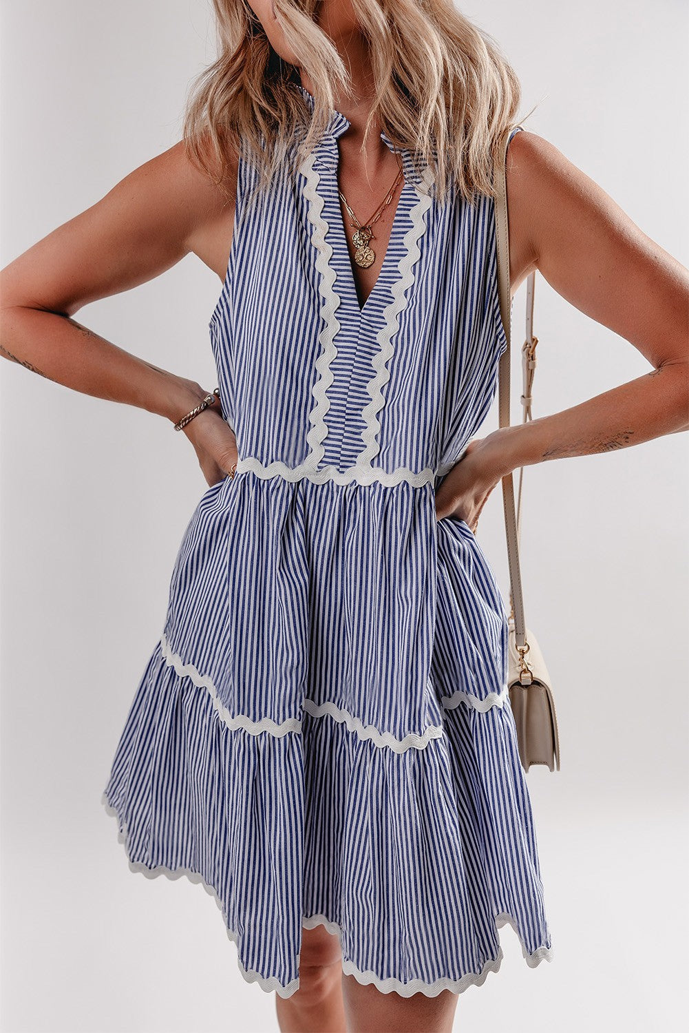 Macie Sleeveless Notched V Neck Ric Rac Dress