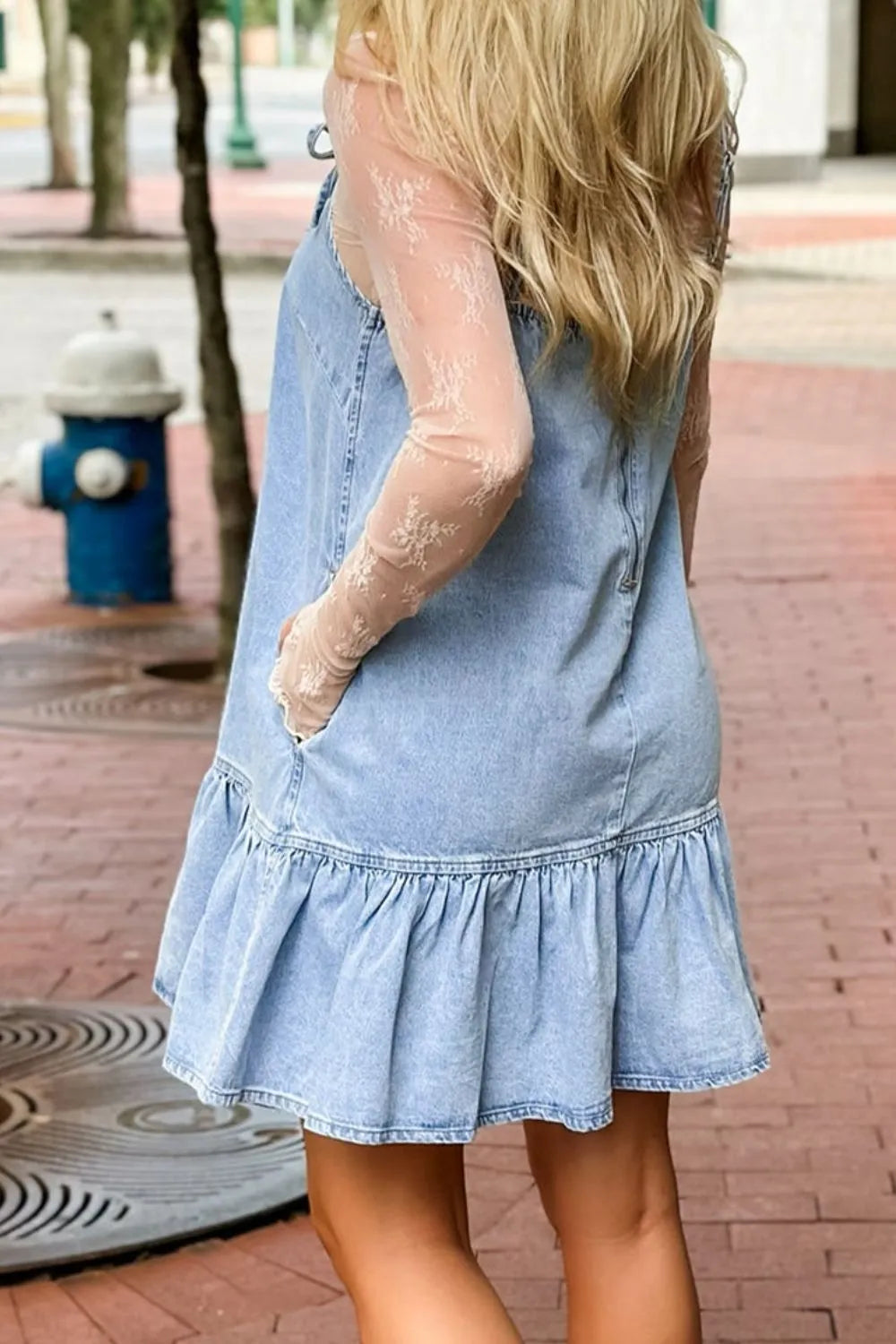Bow Detail Spaghetti Straps Ruffle Hem Denim Dress - Draped in Grace