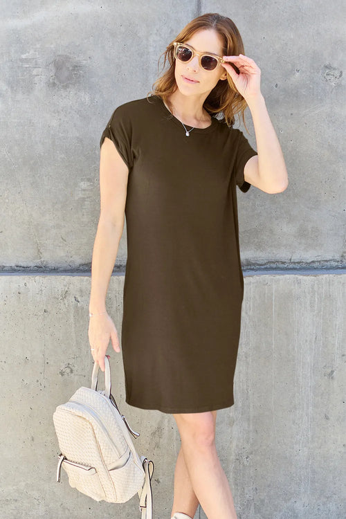 Basic Bae Full Size Round Neck Short Sleeve Dress with Pockets - Draped in Grace