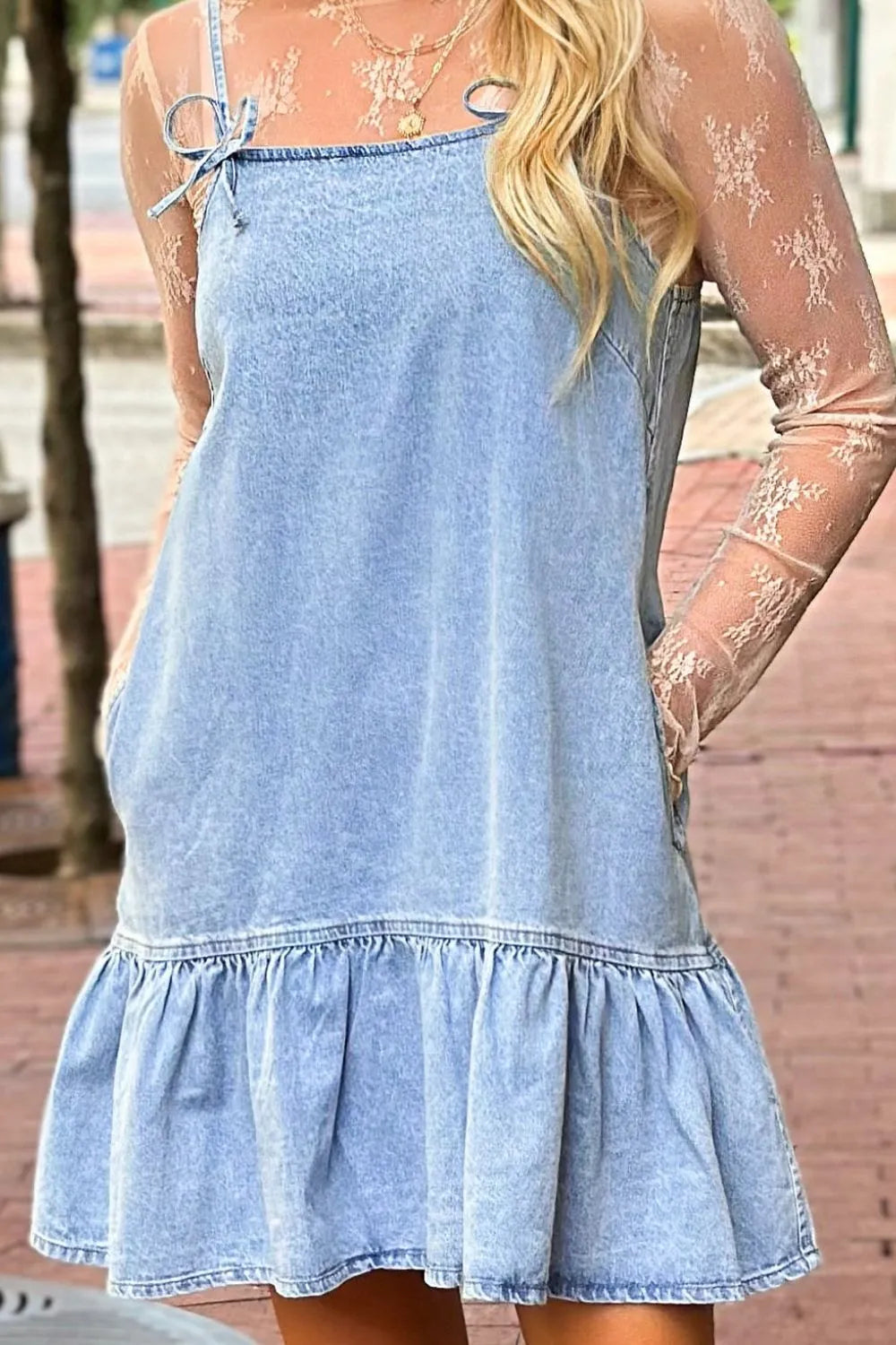 Bow Detail Spaghetti Straps Ruffle Hem Denim Dress - Draped in Grace