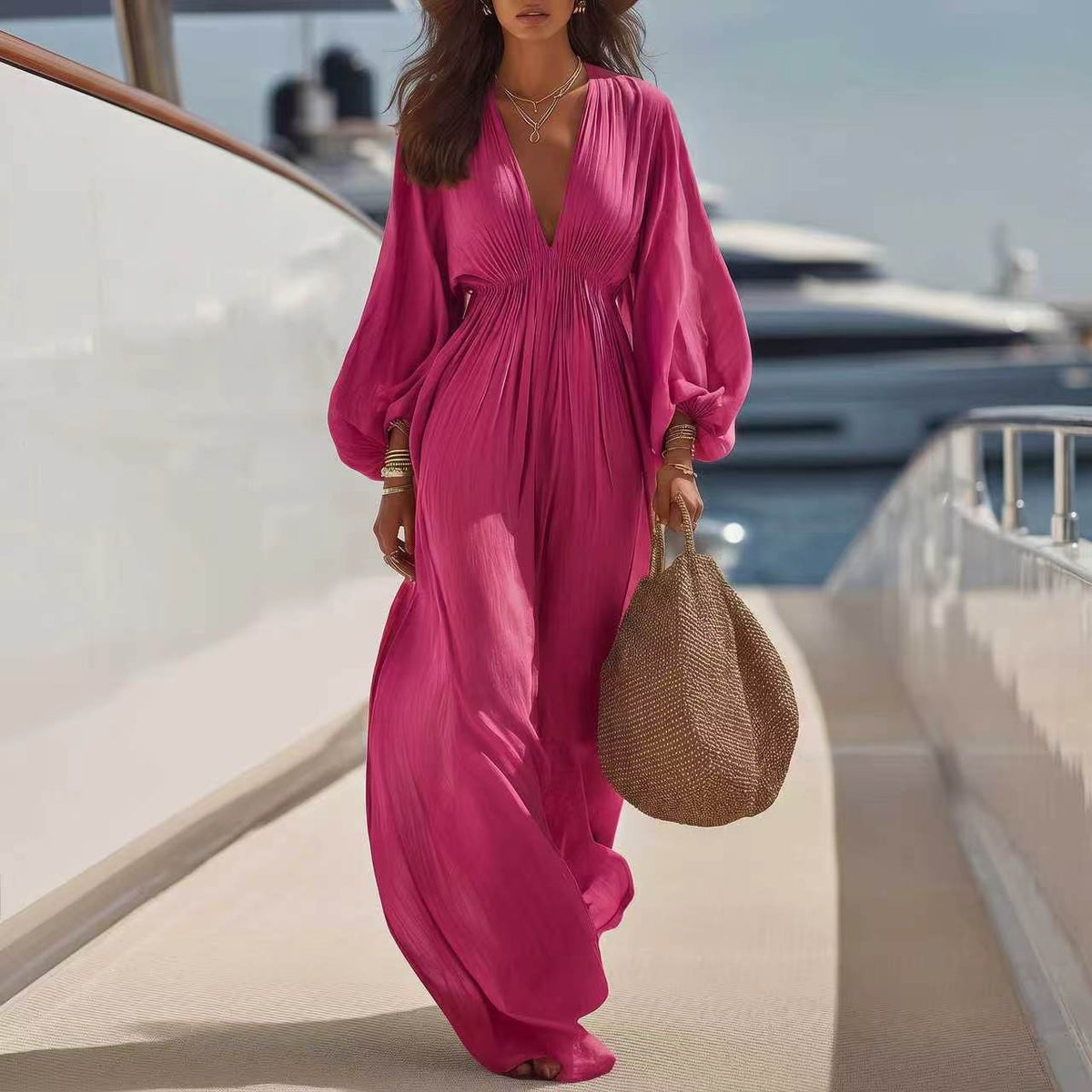 Elegant High-waisted Long-sleeve V-neck Womens Dress - Draped in Grace