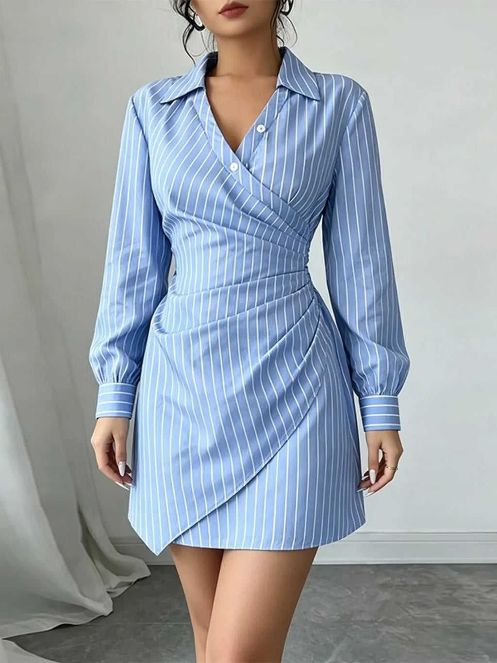 Full Size Striped Long Sleeve Shirt Dress Plus Size - Draped in Grace