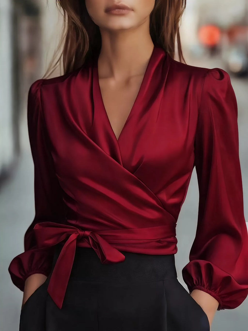 Elegant Satin Wrap Blouse with Bow Detail - Draped in Grace