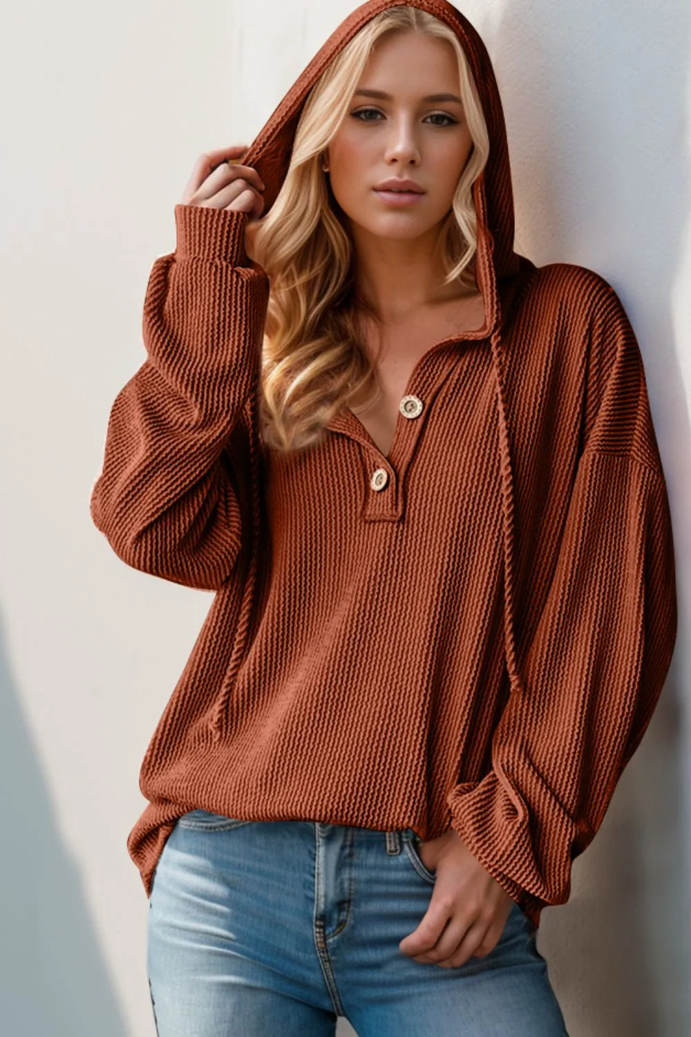 Double Take Full Size Half Button Long Sleeve Hoodie - Draped in Grace
