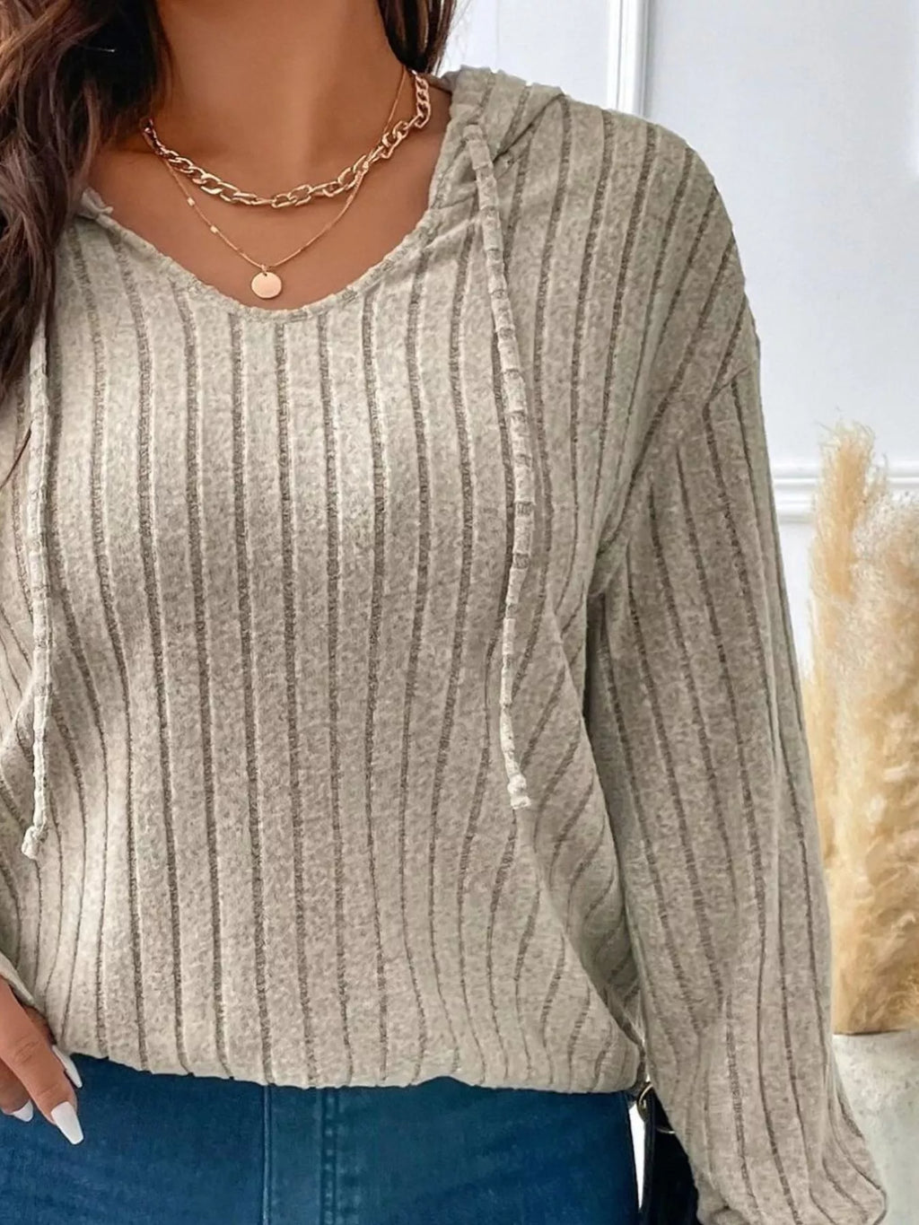 Ribbed Knit Drawstring Hooded T-Shirt - Draped in Grace