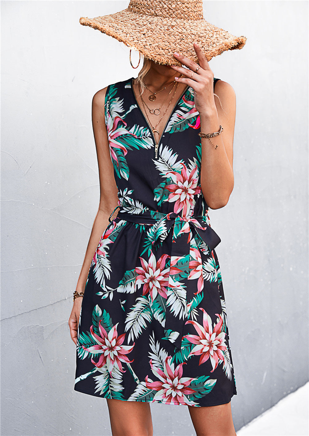 Printed Zip Detail Belted Sleeveless Dress - Draped in Grace