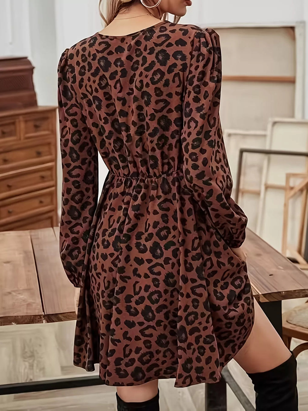 Leopard Print V-Neck Long Sleeve Mini Dress - Draped in Grace