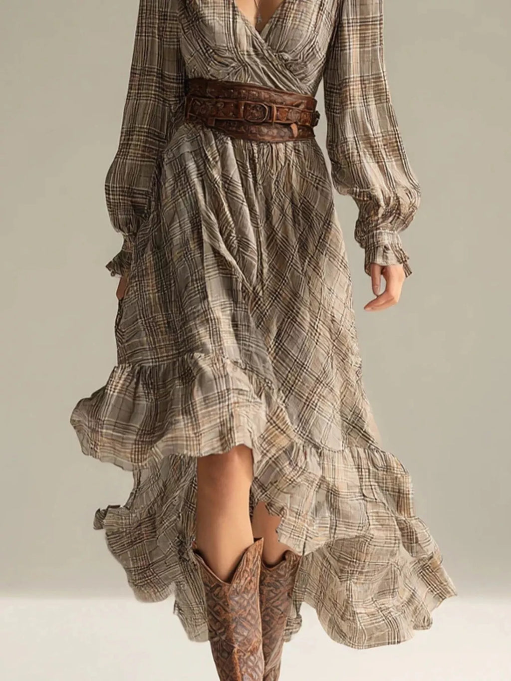 Plaid High-Low Long Sleeve Dress - Draped in Grace