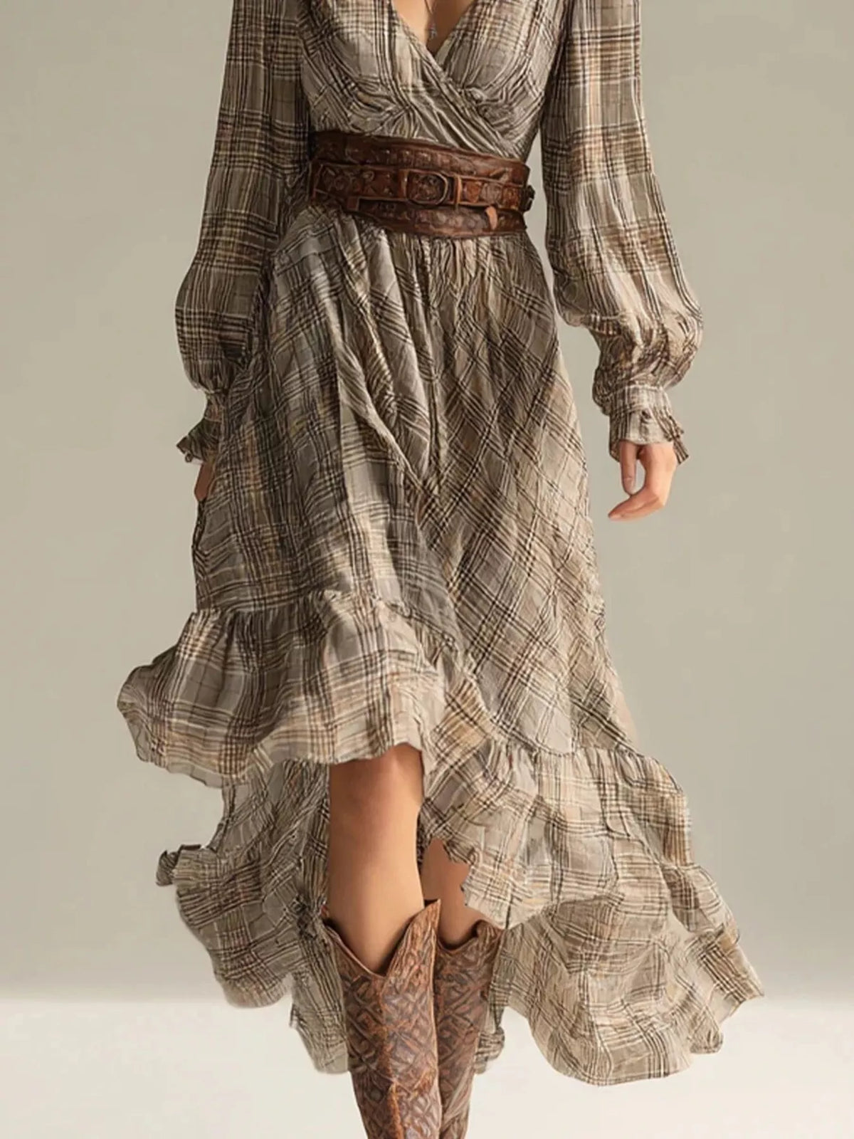Plaid High-Low Long Sleeve Dress - Draped in Grace